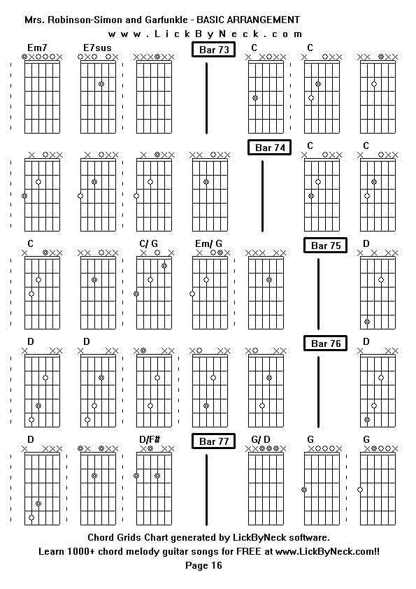 Chord Grids Chart of chord melody fingerstyle guitar song-Mrs Robinson-Simon and Garfunkle - BASIC ARRANGEMENT,generated by LickByNeck software.